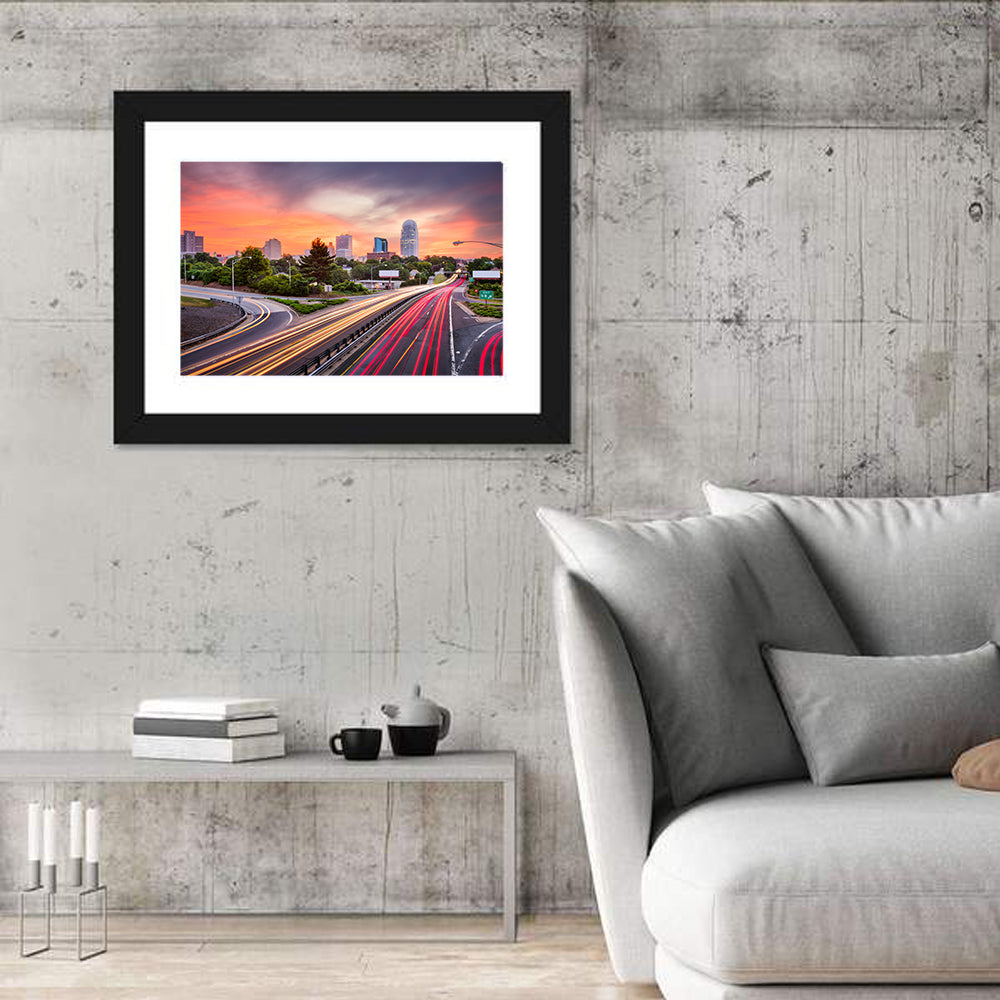 Winston-salem Dusk Skyline with Light Trails Wall Art
