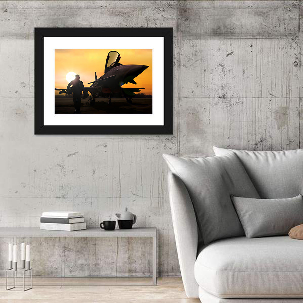 Pilot and Fighter Jet at Sunset Wall Art