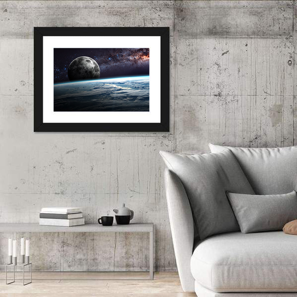 Rising Moon Above Earth Horizon Wall Art in a room, landscape