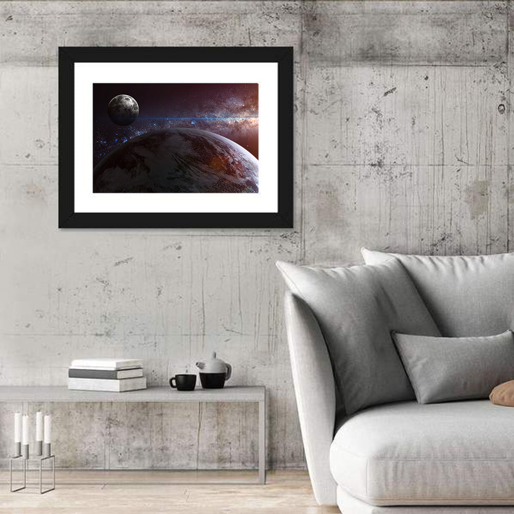 Earth and Moon Over Nebula Wall Art in a room, landscape