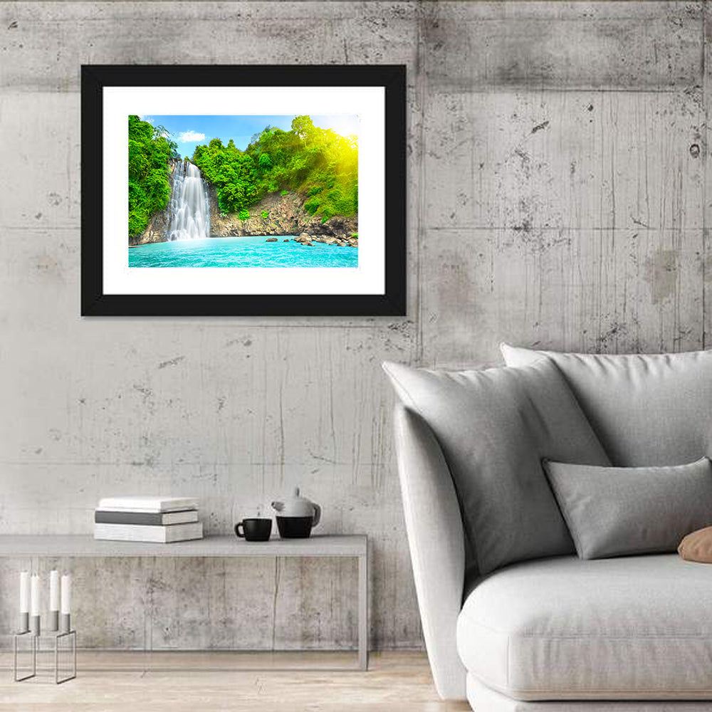 Dambri Waterfall Turquoise Pool Wall Art in a room, landscape
