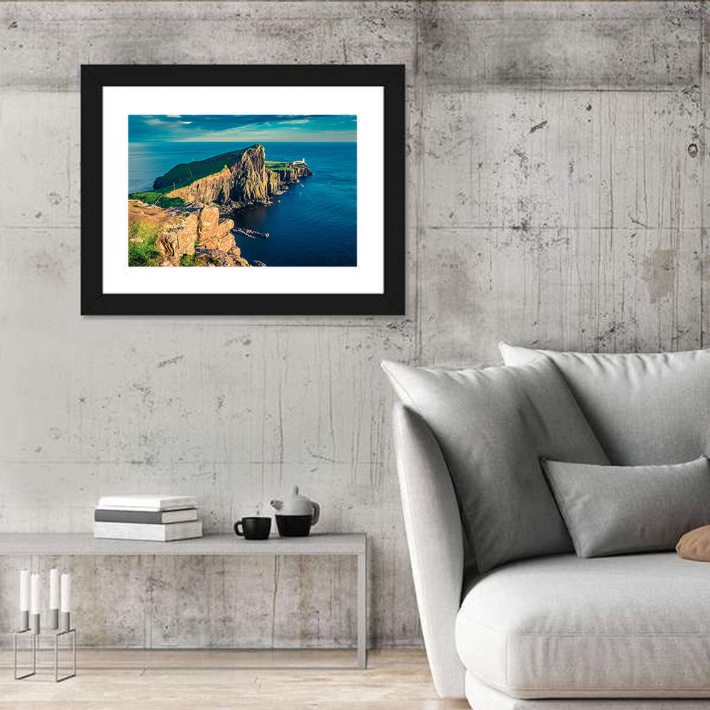 Neist Point Lighthouse Sunset Wall Art in a room, landscape