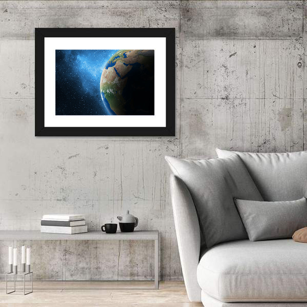 Earth and Galaxy Closeup Wall Art in a room, landscape