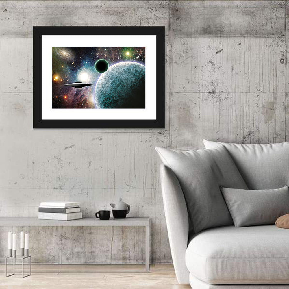 Saucer Near Cratered Planet Wall Art in a room, landscape