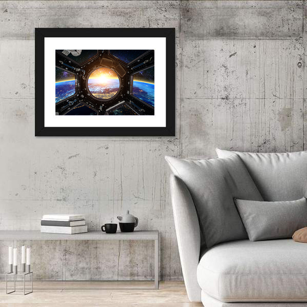 Earthrise Through Spacecraft Window Wall Art in a room, landscape