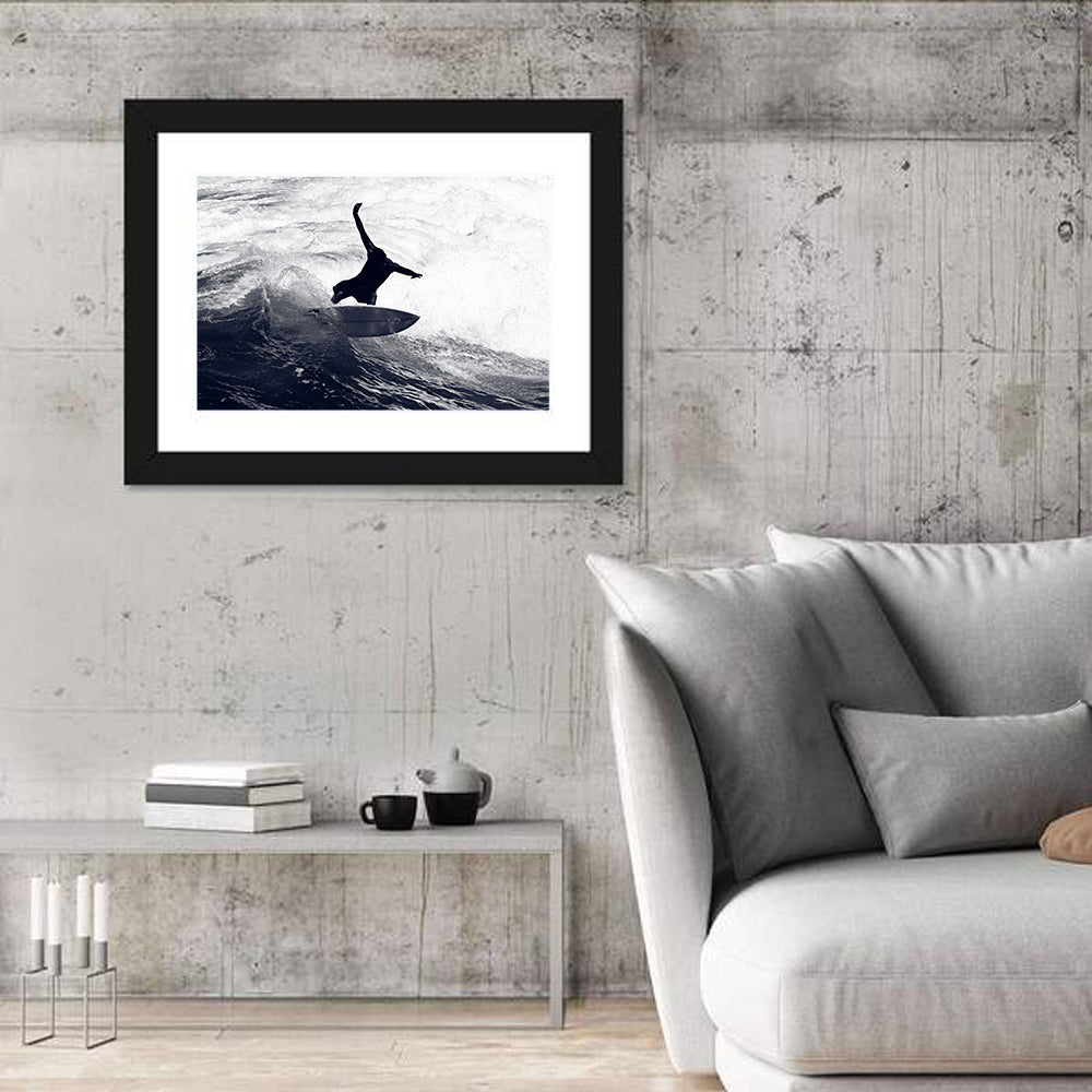Dog Surfer Riding Waves Wall Art in a room, landscape