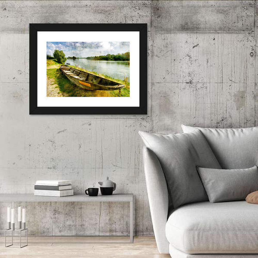 Weathered Wooden Boat on Riverbank Wall Art