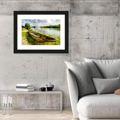 Weathered Wooden Boat on Riverbank Wall Art