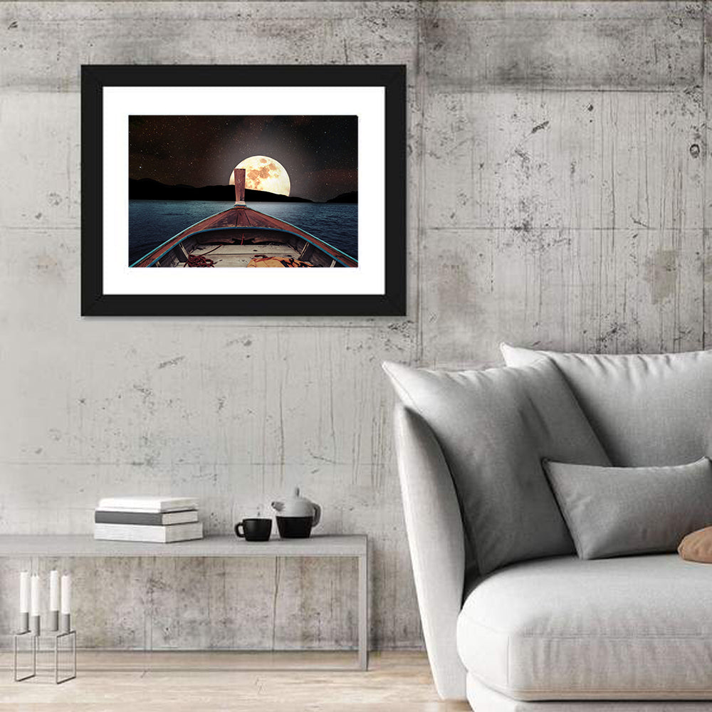 Longtail Boat Under Full Moon Wall Art in a room, landscape