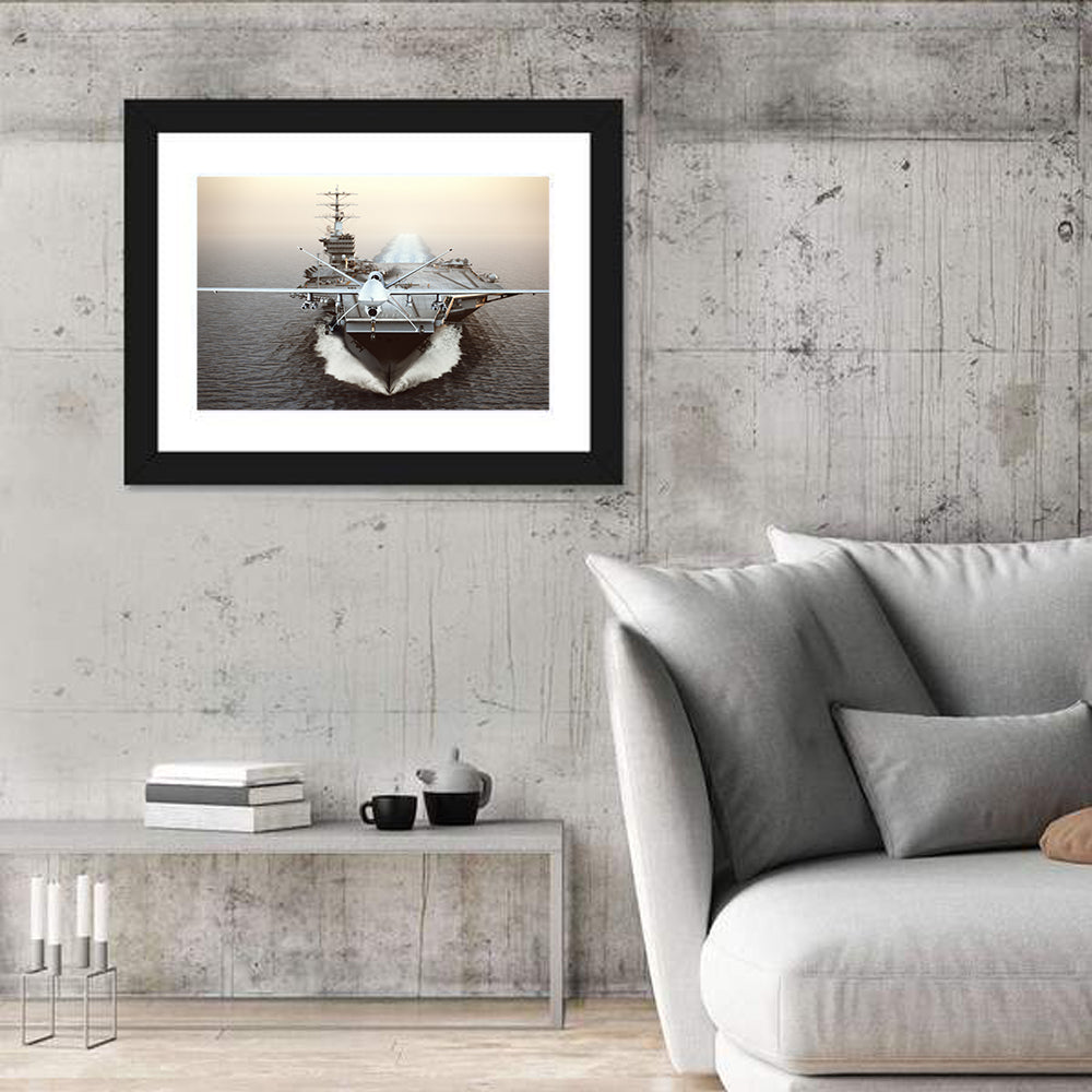 Drone Over Aircraft Carrier Wall Art in a room, landscape
