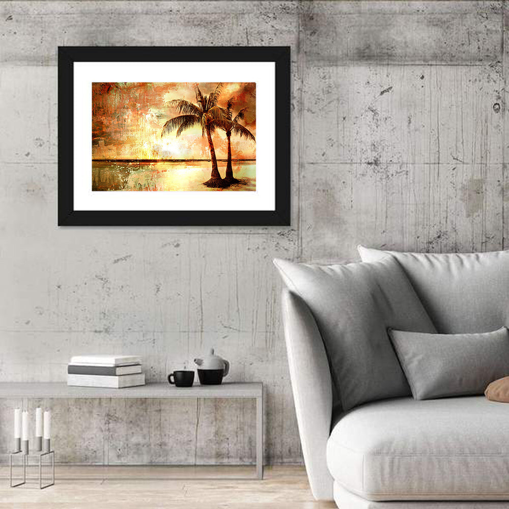 Tropical Beach Sunset Wall Art in a room, landscape