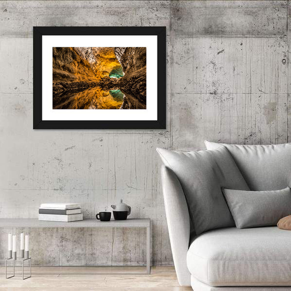 Glowing Green Cave Reflection Wall Art in a room, landscape