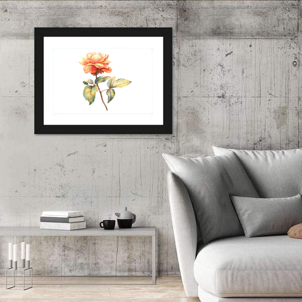 Orange Watercolor Rose Illustration Wall Art in a room, landscape