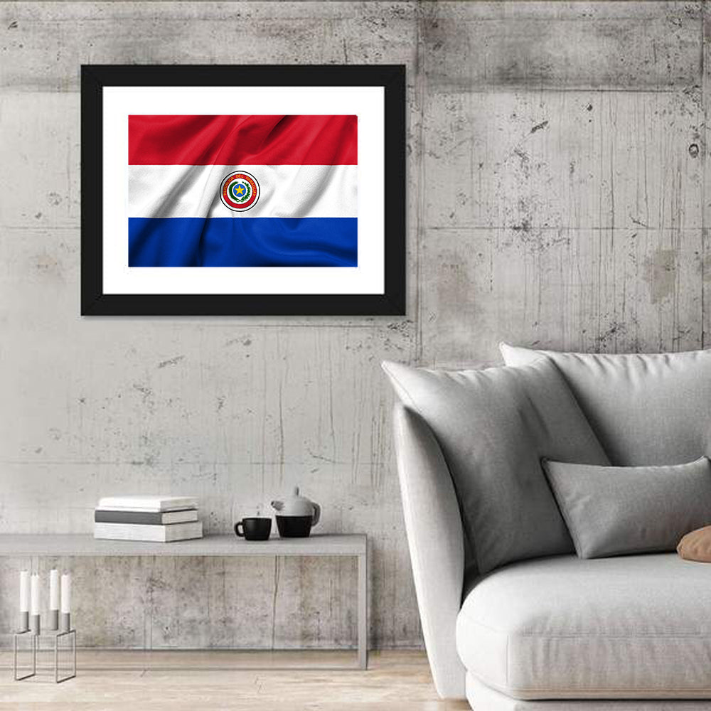 Paraguay Flag with Emblem Wall Art in a room, landscape