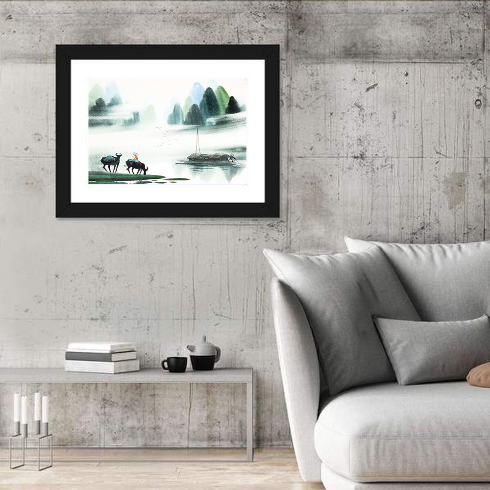 Water Buffalo in Misty Watercolor Wall Art