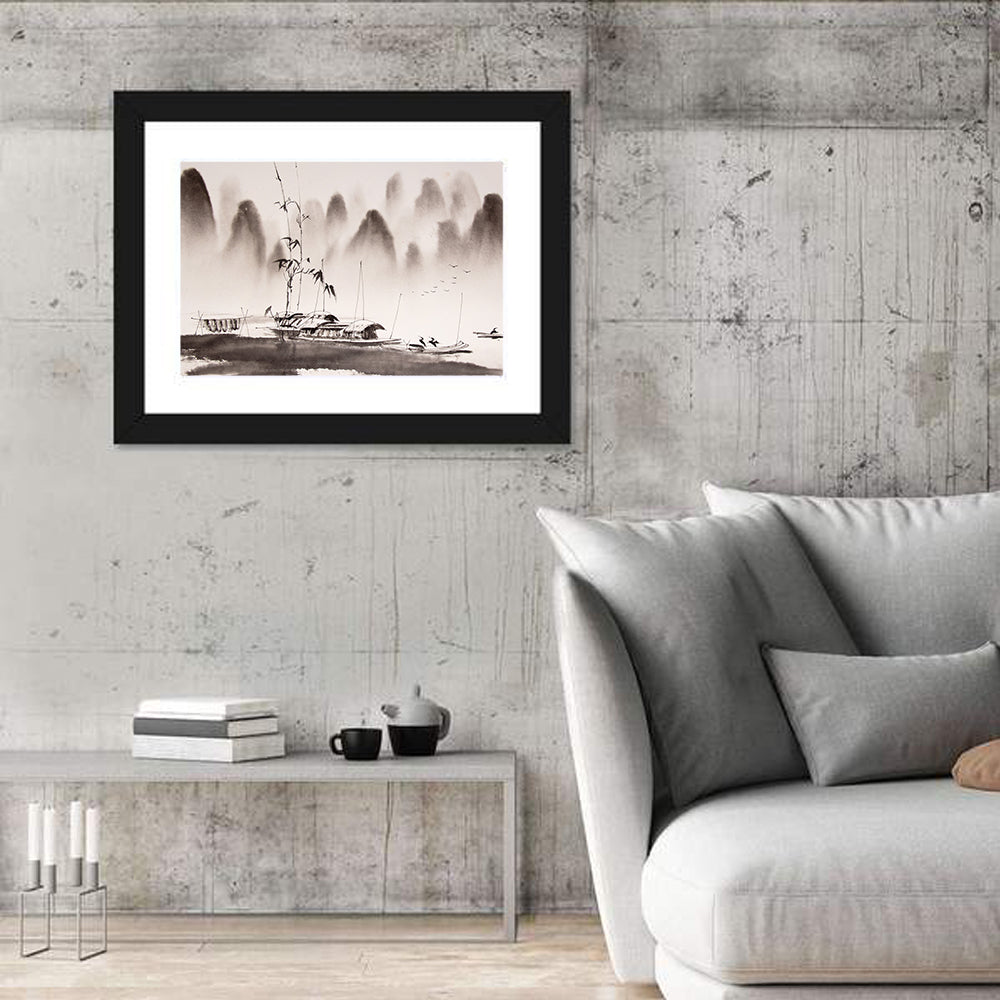 Misty Ink Wash Fishing Boats Wall Art in a room, landscape