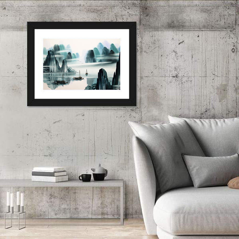 Misty Mountain Lake with Boats Wall Art in a room, landscape