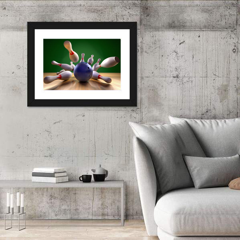 Blue Bowling Ball Hitting Pins Wall Art