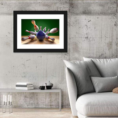 Blue Bowling Ball Hitting Pins Wall Art