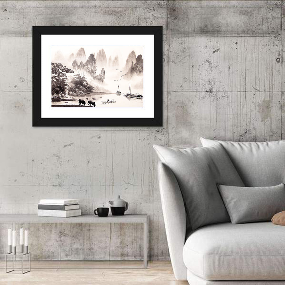 Misty Mountain Ink Wash Landscape Wall Art