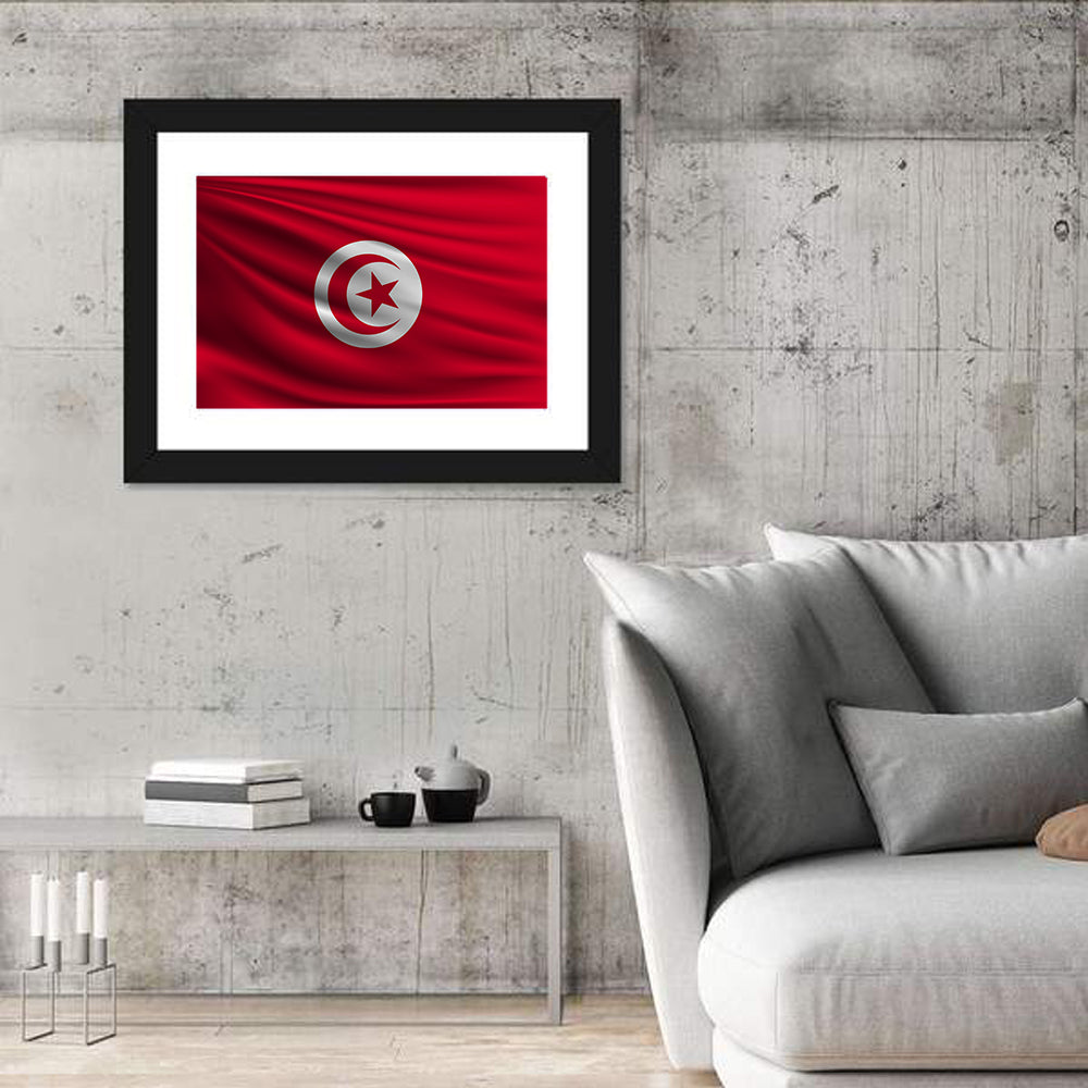 Tunisia Flag with Crescent and Star Wall Art in a room, landscape
