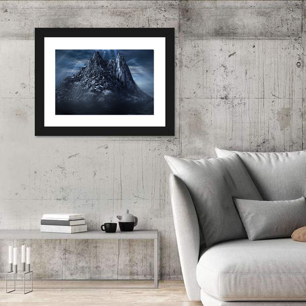 Dark Mountain Over the Sea Wall Art in a room, landscape