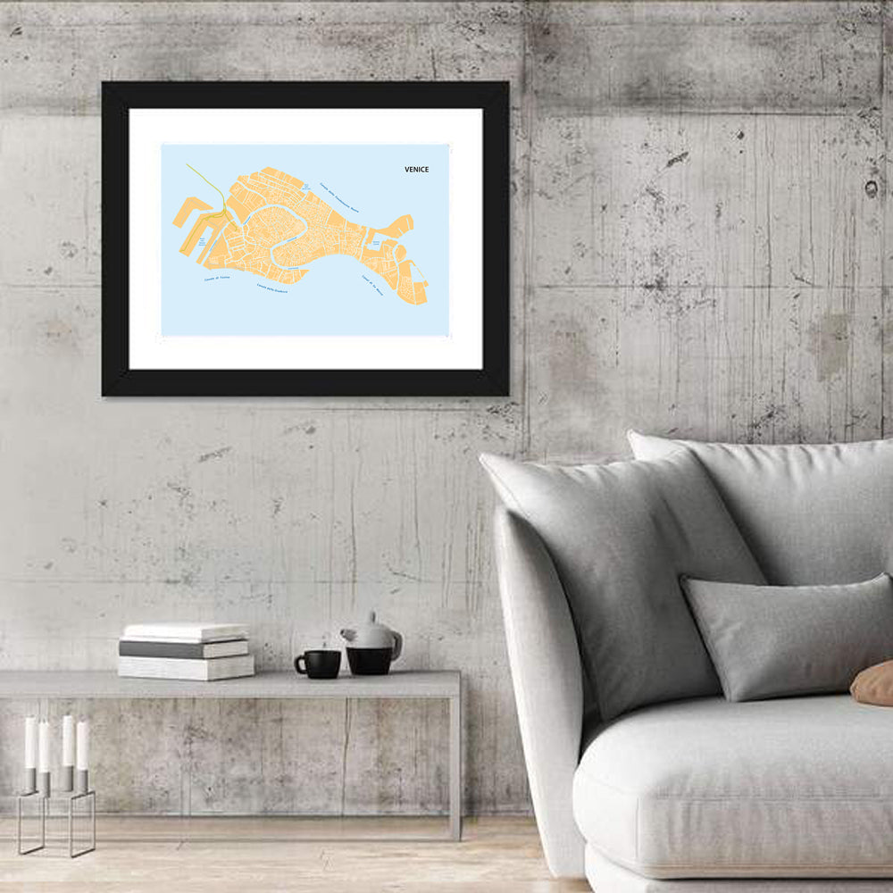 Venice Canal Map, Light Blue and Orange Wall Art
