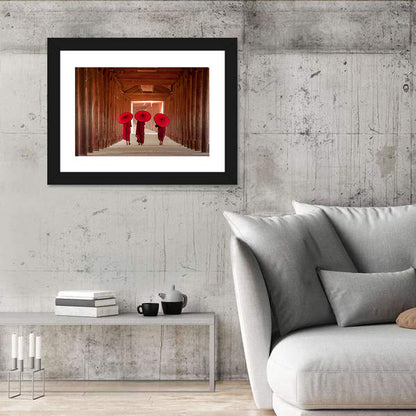 Novice Monks with Red Umbrellas Wall Art
