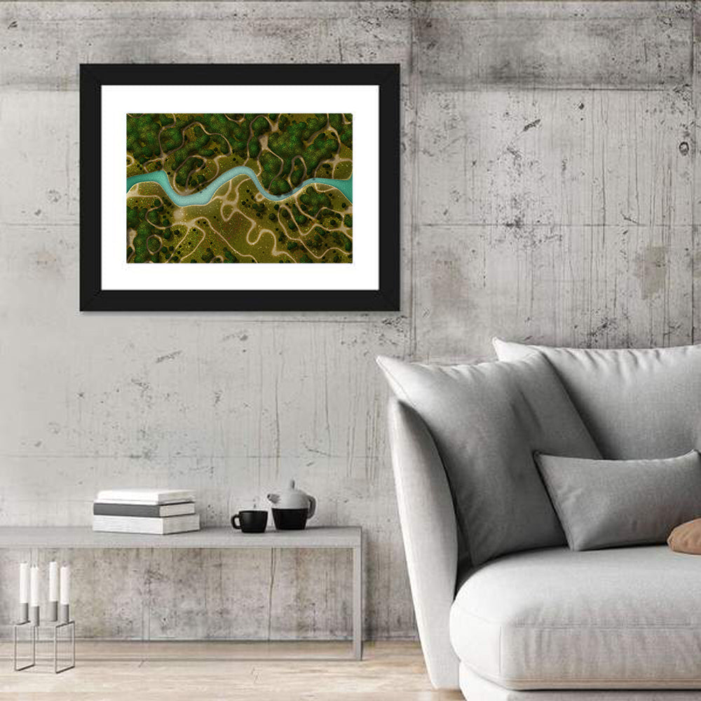 Winding River Trail Aerial Wall Art in a room, landscape
