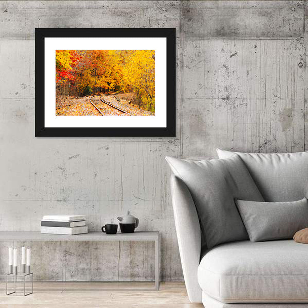 Curving Railroad Through Autumn Forest Wall Art in a room, landscape