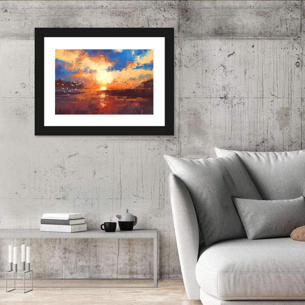 Golden Sunset Over Lake Wall Art in a room, landscape