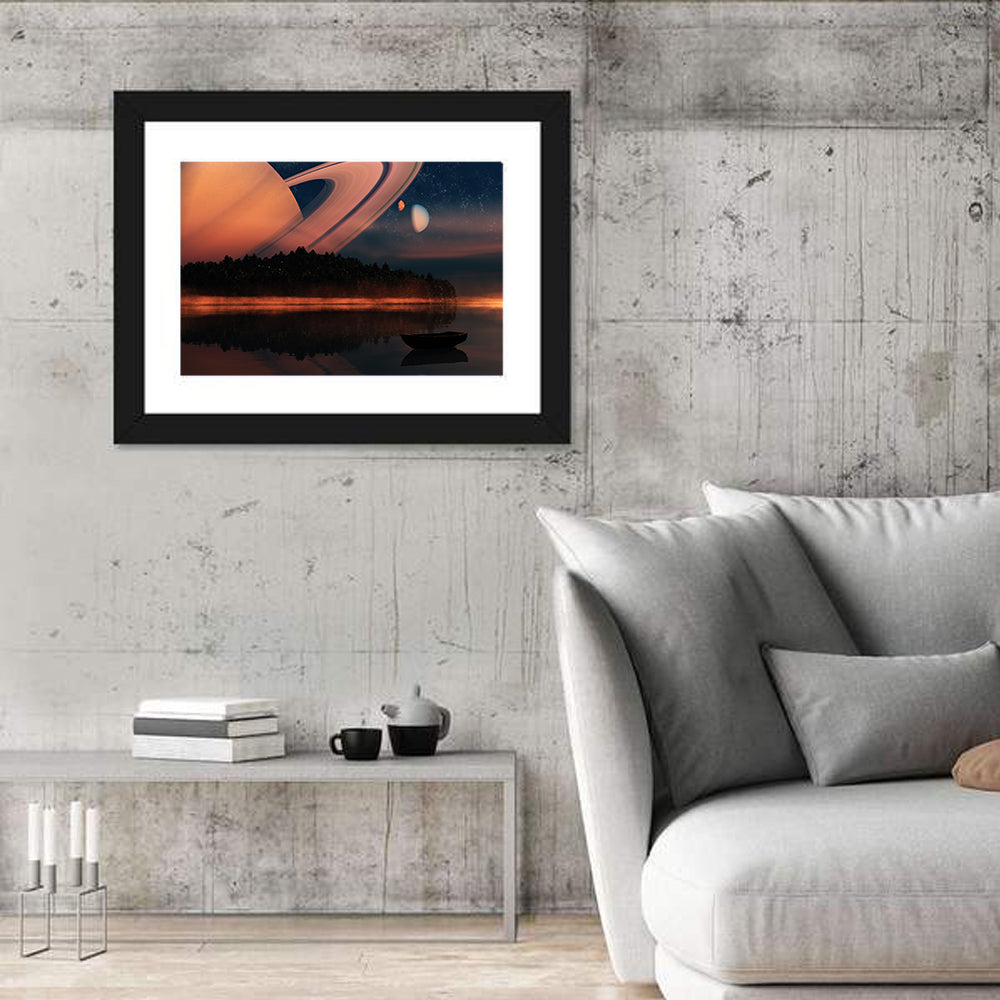 Ringed Planet Over Alien Lake Wall Art in a room, landscape