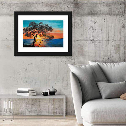 Lake Sunset with Twin Tree Silhouettes Wall Art