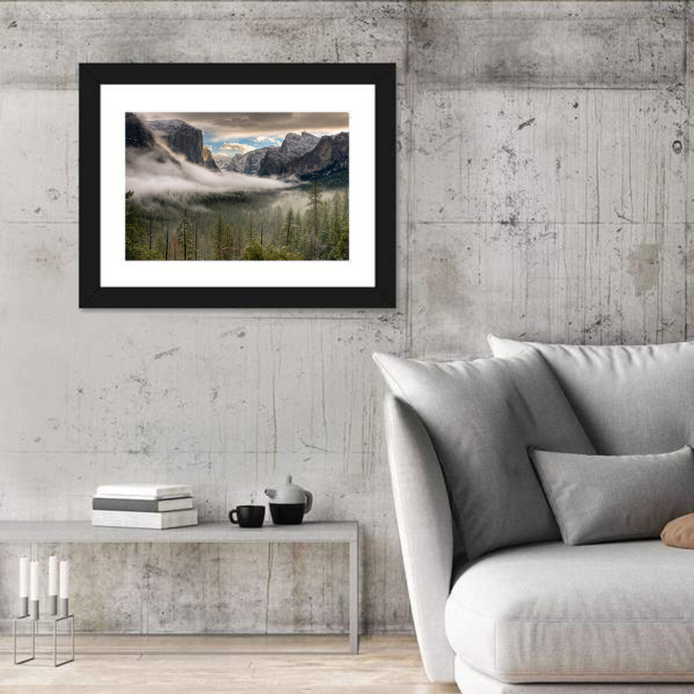 Misty Yosemite Valley Wall Art in a room, landscape