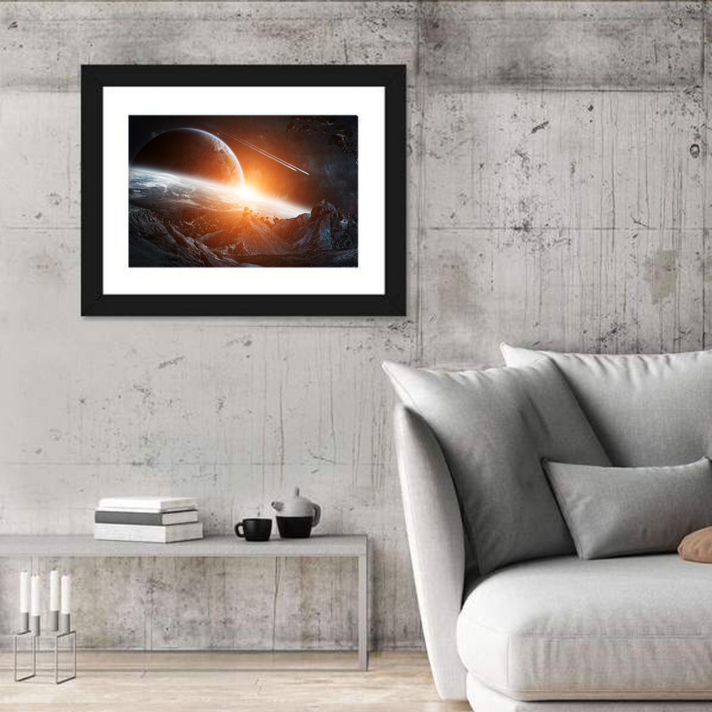 Gigantic Asteroids Over Ringed Planet Wall Art in a room, landscape