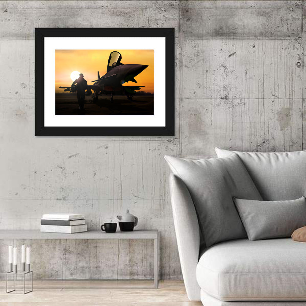 Pilot and Fighter Jet at Sunset Wall Art in a room, landscape