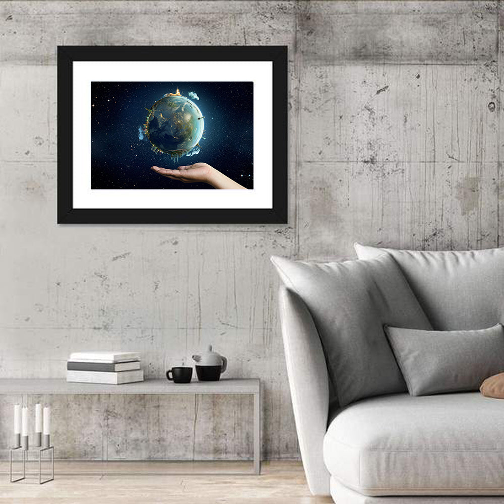 Earth Cradled in Palm with City Lights Wall Art in a room, landscape