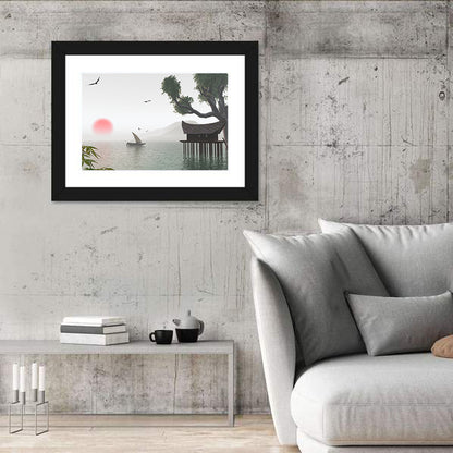 Red Sun Over Japanese Lake Wall Art