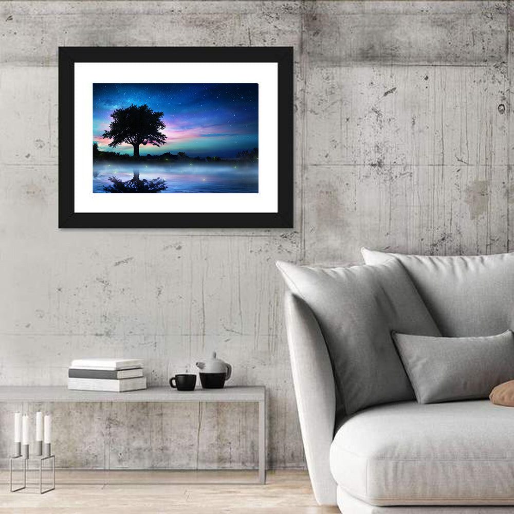 Lonely Tree Under Starry Sky Wall Art in a room, landscape