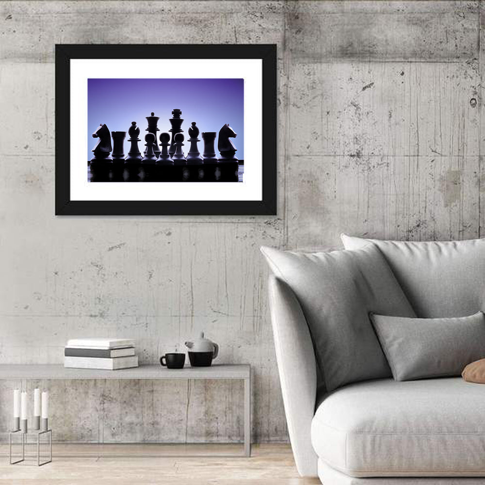 Blue Backlit Chess Pieces Wall Art in a room, landscape
