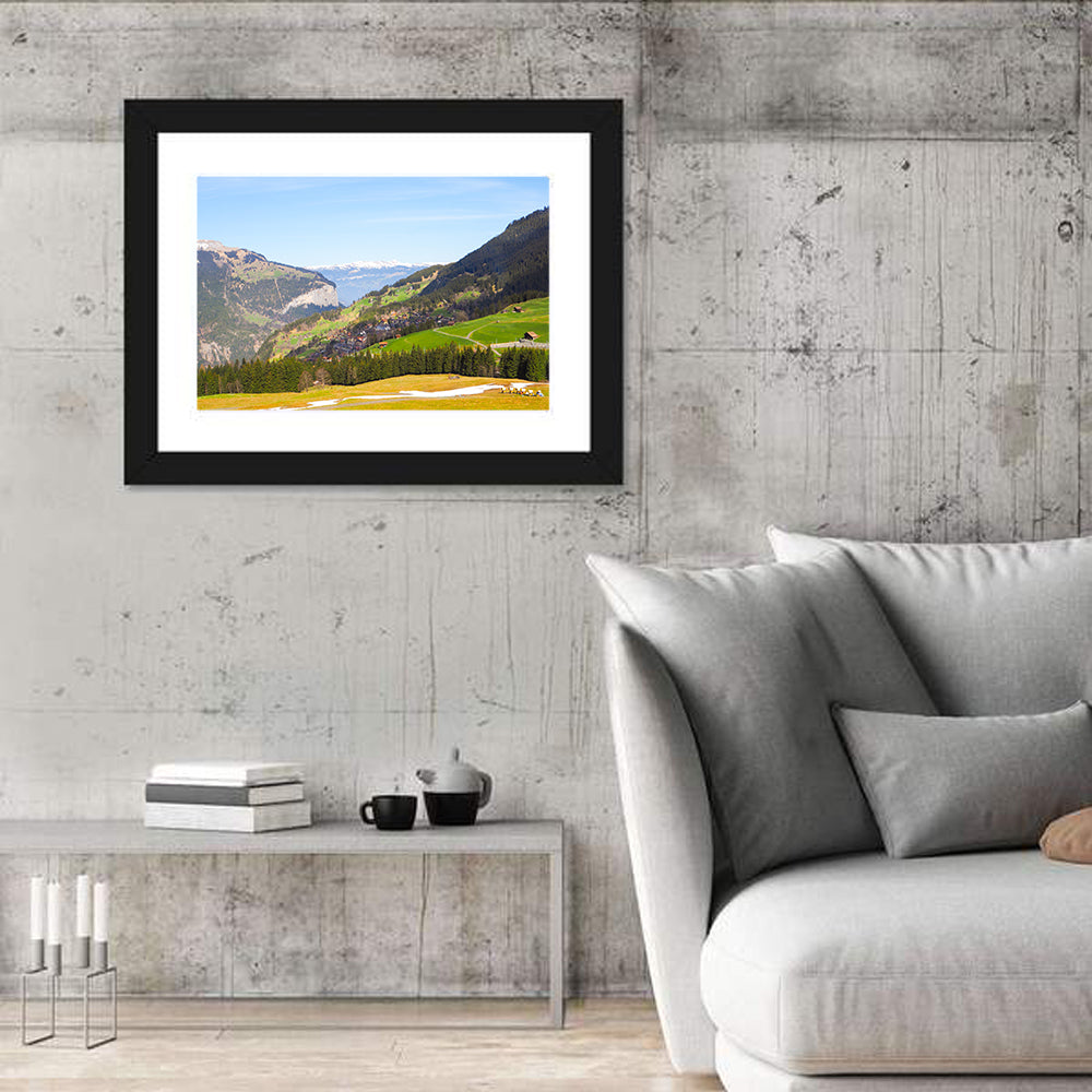 Jungfrau Snow-capped Mountain Landscape Wall Art in a room, landscape