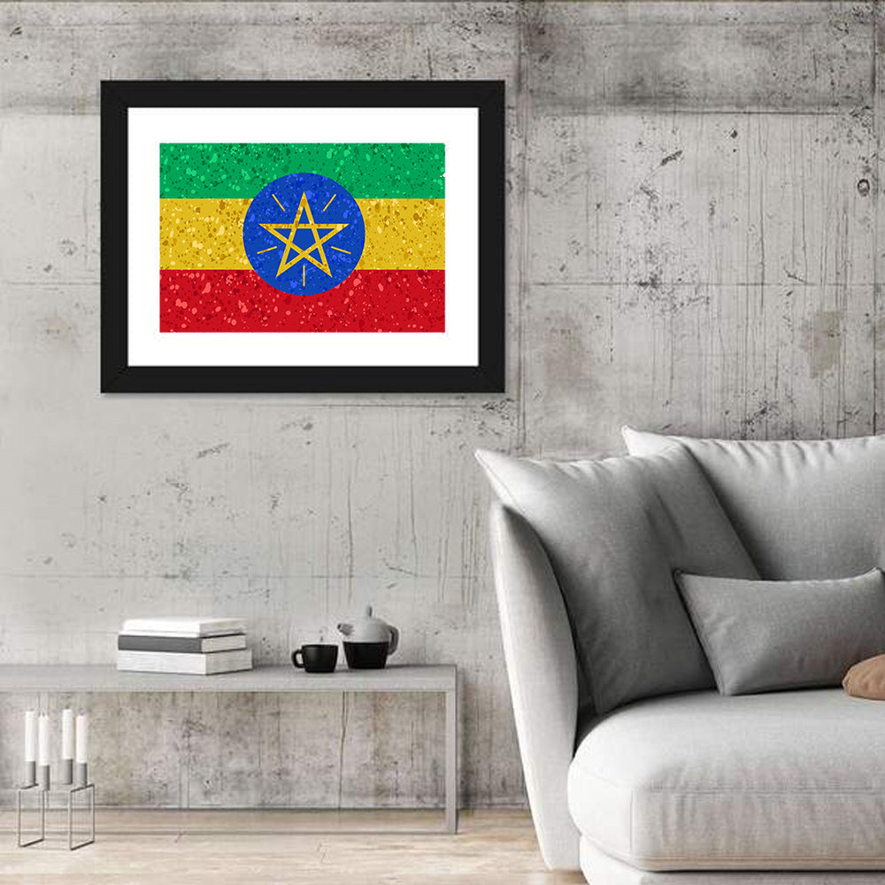 Ethiopian Flag Emblem Wall Art in a room, landscape