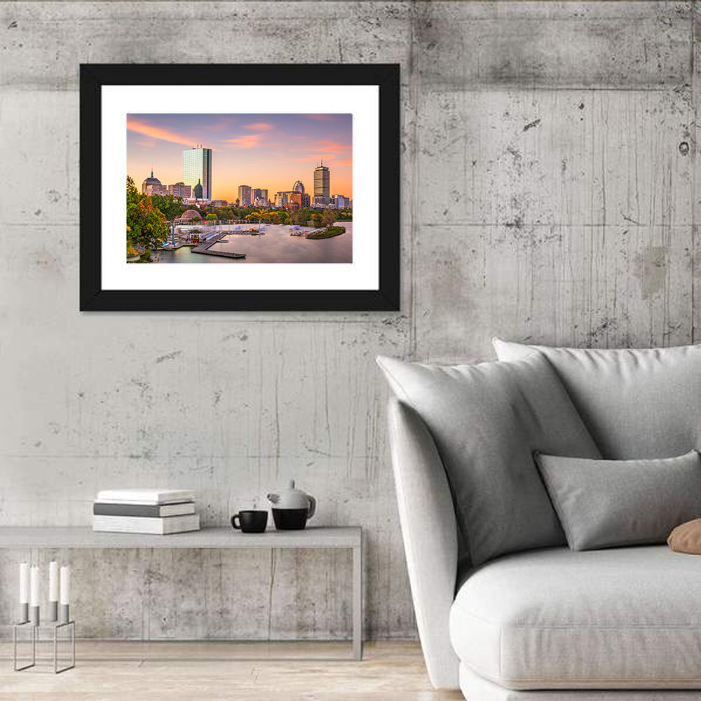 Boston Skyline at Sunset Wall Art in a room, landscape
