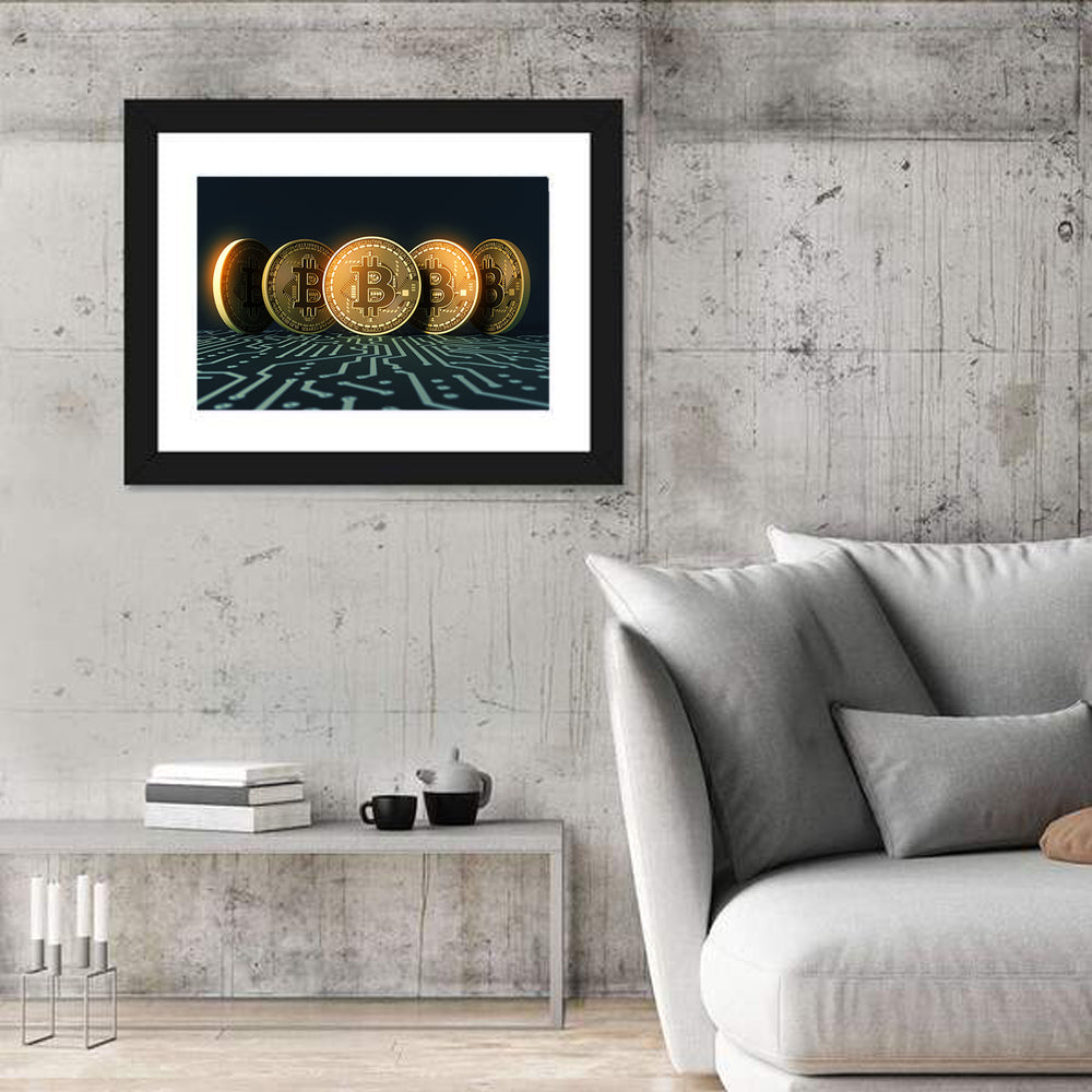Five Golden Bitcoins on Circuit Board Wall Art