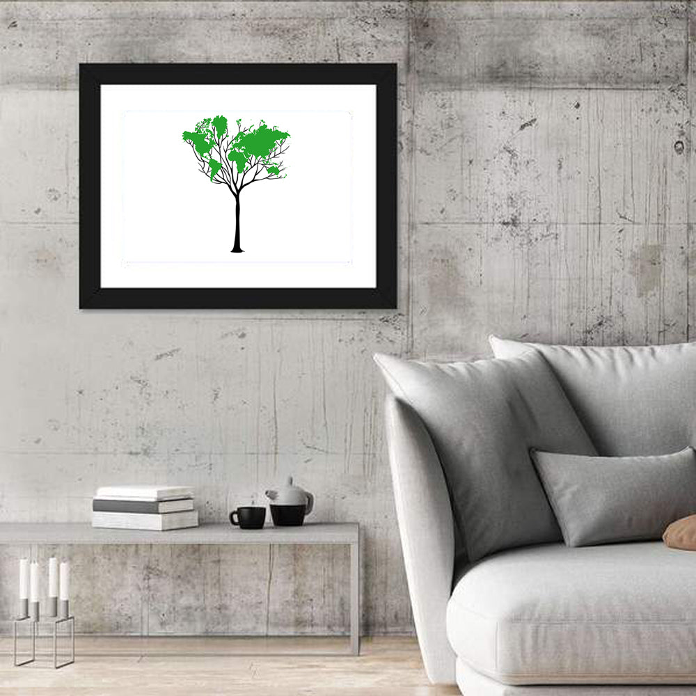World Map Tree with Green Canopy Wall Art in a room, landscape
