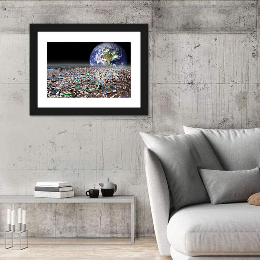 Earth Above Plastic Seas Wall Art in a room, landscape