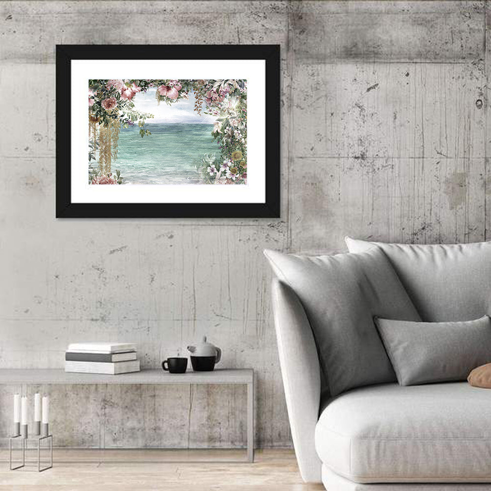 Coastal Floral Watercolor Seascape Wall Art in a room, landscape