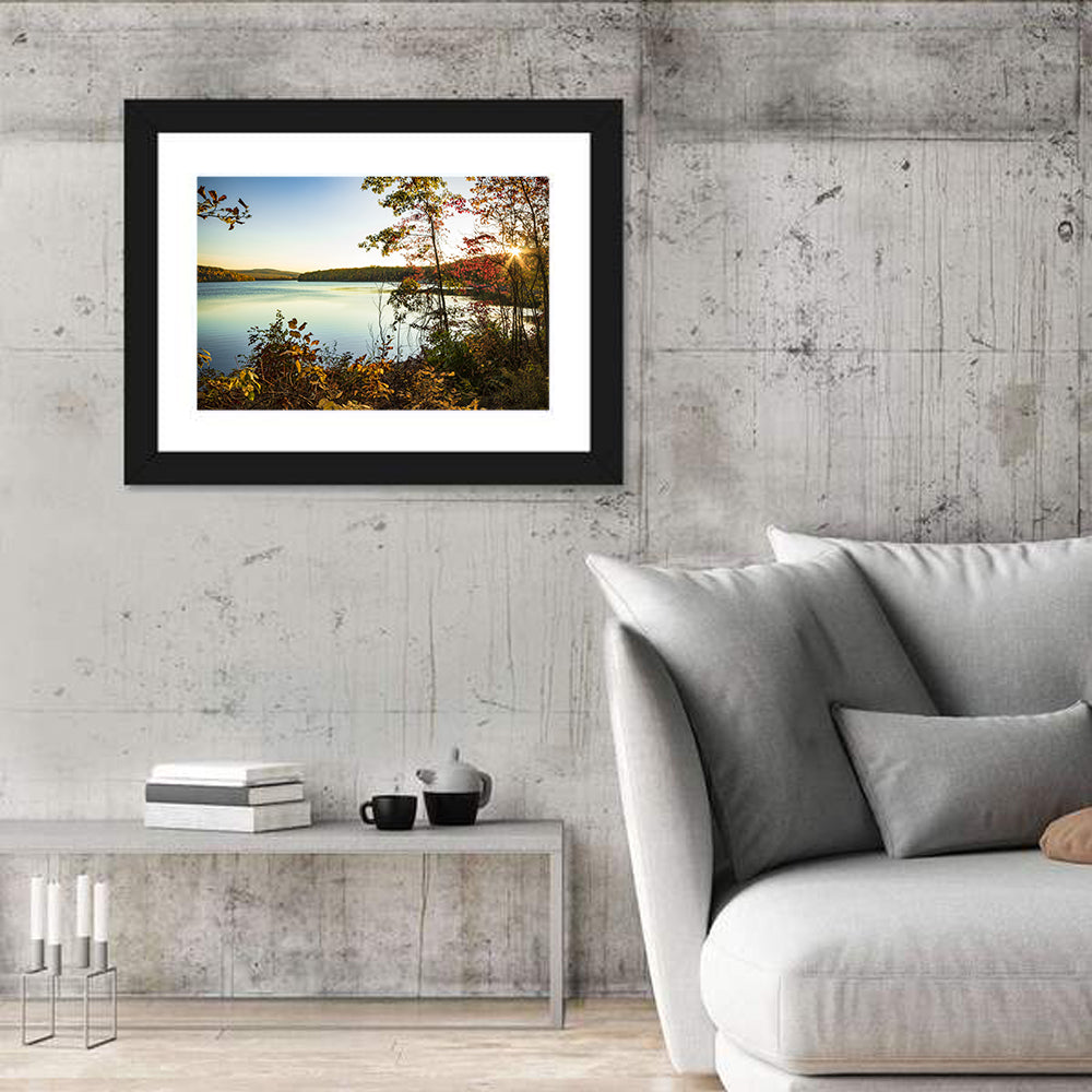 Lake Scranton Autumn Sunset Wall Art in a room, landscape