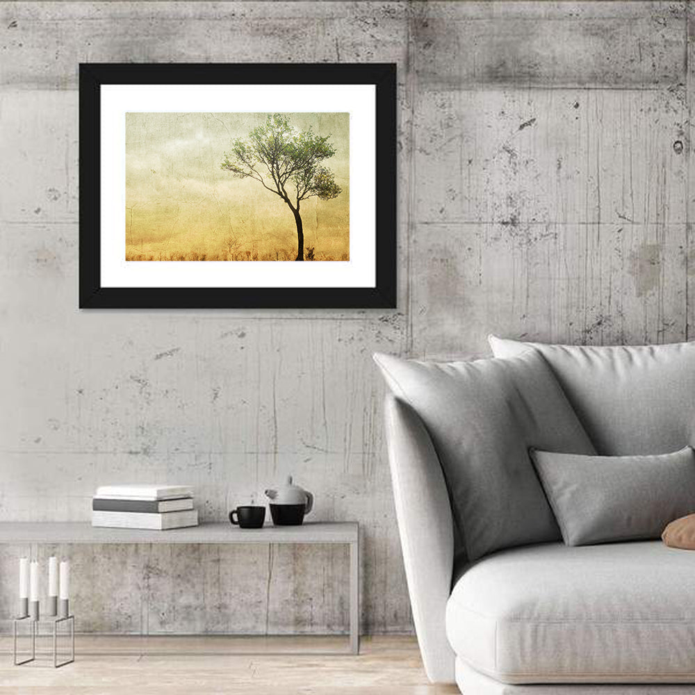 Surreal Tree with Cracked Paint Texture Wall Art in a room, landscape