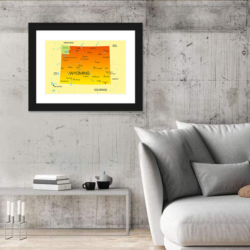 Wyoming State Map, Yellow Accent Wall Art in a room, landscape